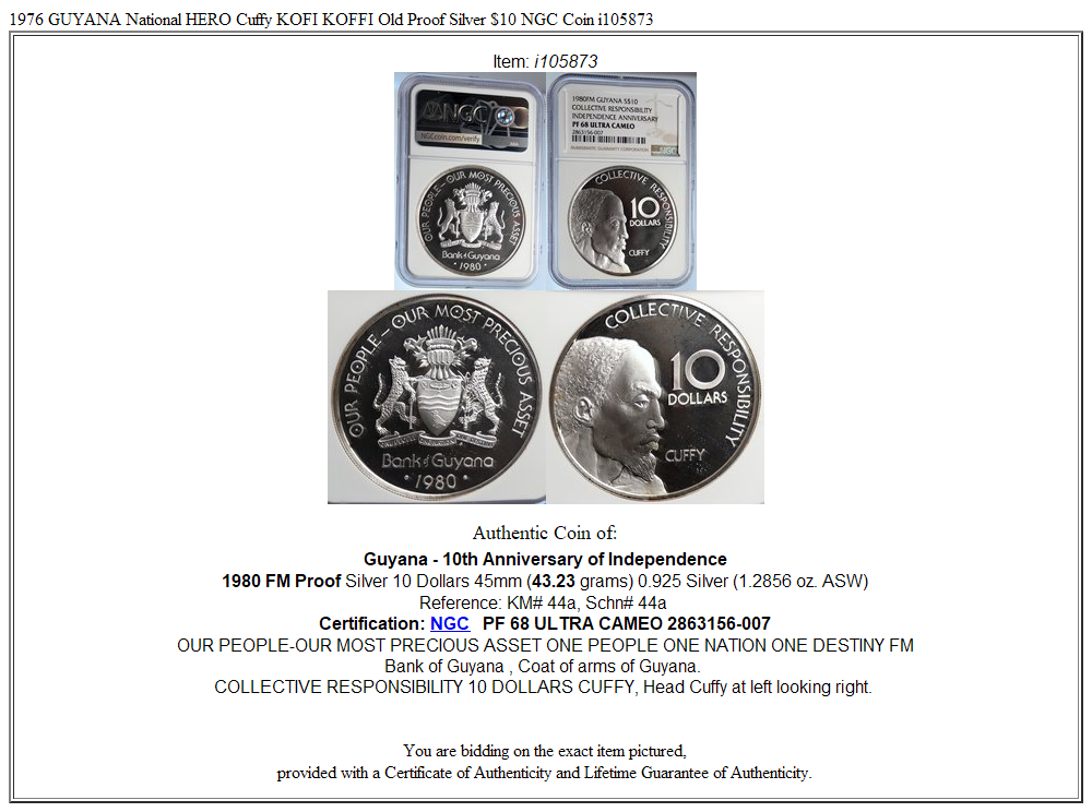 1976 GUYANA National HERO Cuffy KOFI KOFFI Old Proof Silver $10