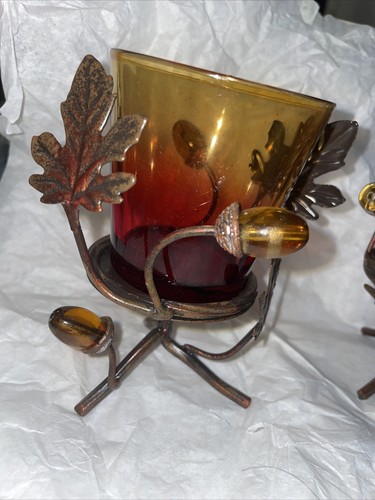 Set Of 2 Glass Autumn Votive Candle Holders Leaves Acorns Ombré Glass - Picture 2 of 5