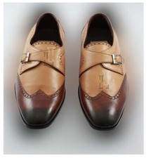 Handmade Men's Tan Brown Two Tone Monk Style Dress Formal Leather Shoes, Sale !