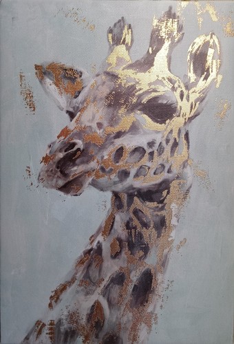 Wall Art Unframed CANVAS, GIRAFFE w 'GOLD' Highlights against BLUE Background