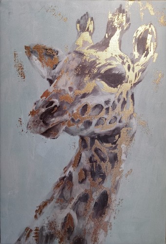 Wall Art Unframed CANVAS, GIRAFFE w 'GOLD' Highlights against BLUE Background - Picture 1 of 2