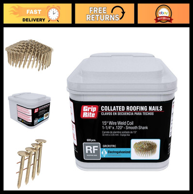 1-1/4'' Electro-GALVANIZED Coil Roofing Nails, Smooth Shank, 600 Count, Durable F