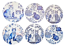 Blue & White Cat Wood Coasters Set of 6 Ceramic Style Chinoiserie HomeDecor Gift