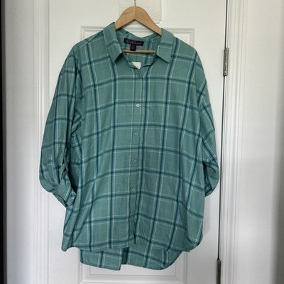 Gloria Vanderbilt Amanda Shirt XXL Sonnet Plaid Aquifer Roll Tab Sleeve