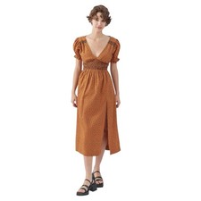 Urban Outfitters Liliana Slit Midi Dress Brown Polka Dot Boho Women's Size Large