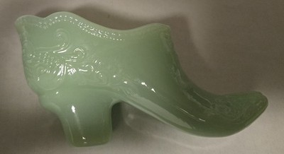 NEW NOS Mosser Jadeite Art Glass Victorian Slipper Shoe Heel Bow Scroll  #106