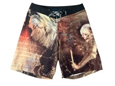 Affliction Men's Skull, Sword  Ram Print Board Short 30 Goth Grunge Tattoo