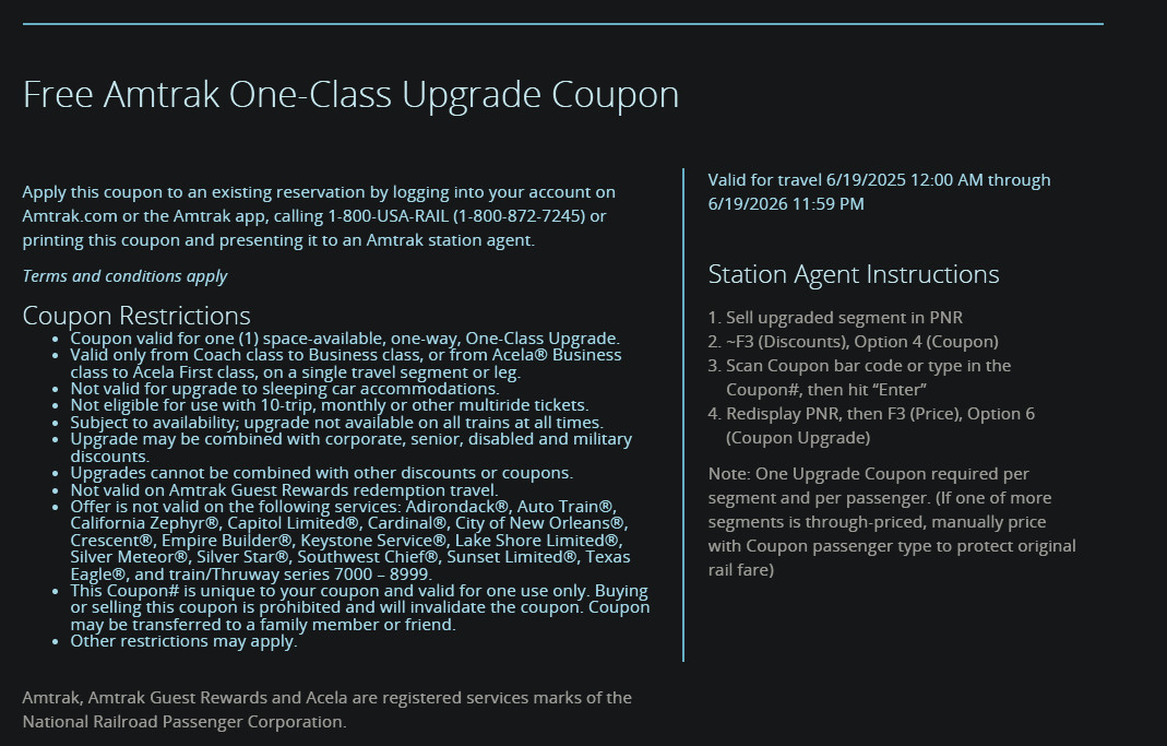 Amtrak One-Class Upgrade Coupon - 12 Hour - Good Through 06/19/2026