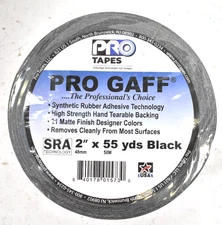 Pro Tapes Gaffer Tape Black Gaffers Tape 2" x 55 yd For Electrical Cord/Cables