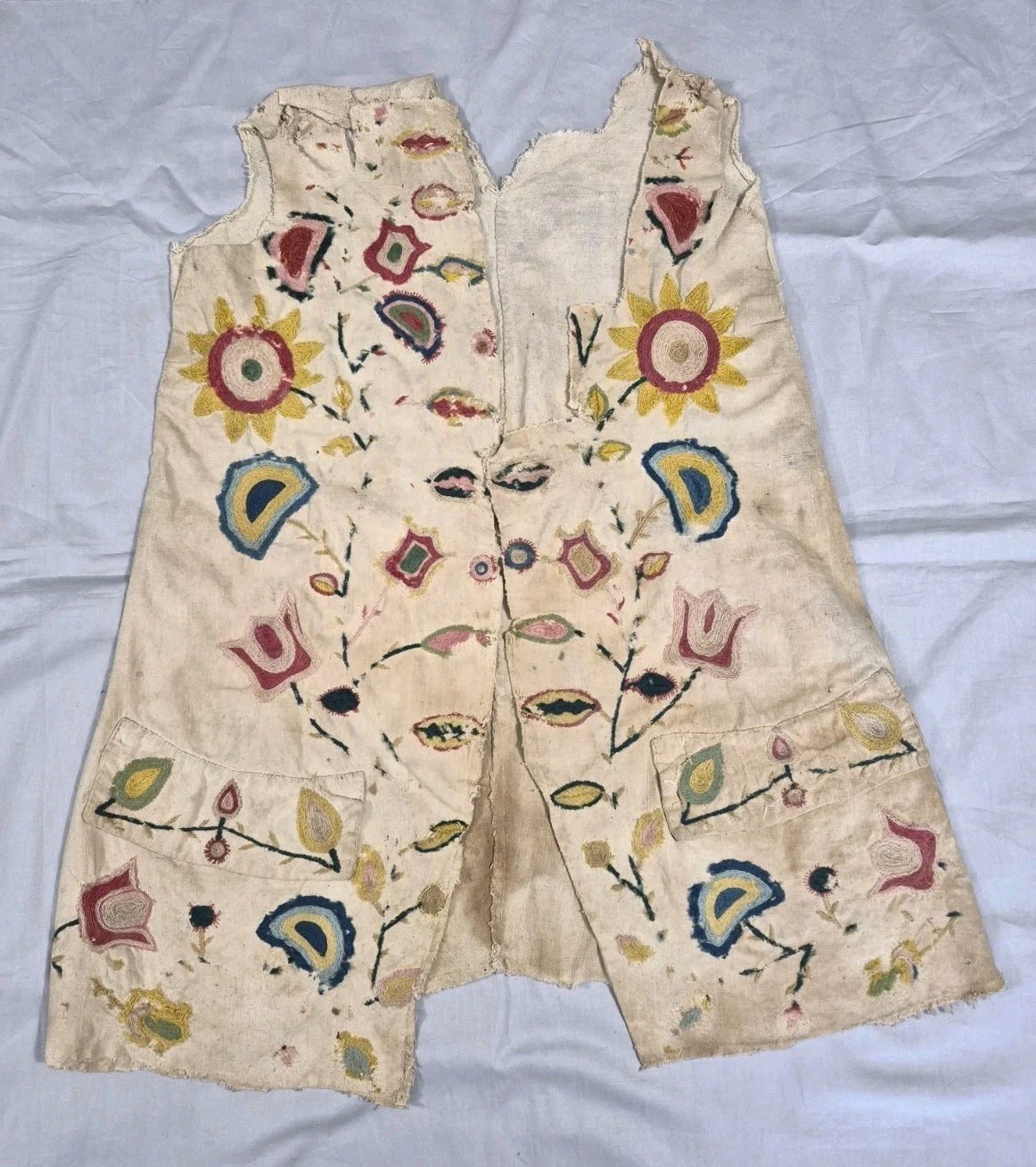 Antique 18th Century Folk Art Waistcoat - Linen w/Wool Thread Embroidery