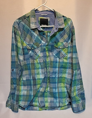 Bench Men's Long Sleeve Turquoise Check Collared Snap Up Shirt with Pockets XL