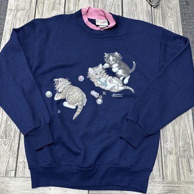 VTG 90s Womens PL Morning Sun Granny Sweatshirt Playful Cats Double Sided Collar