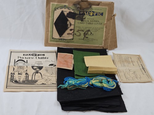 Vintage 1929 Pacific Embroidery Kit No. 650 Black Sateen Card Table Cover Lotus