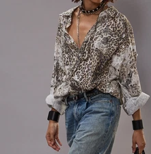 NWT ~ R13 Leopard Shredded Seam Drop Neck Oversize Shirt Size S