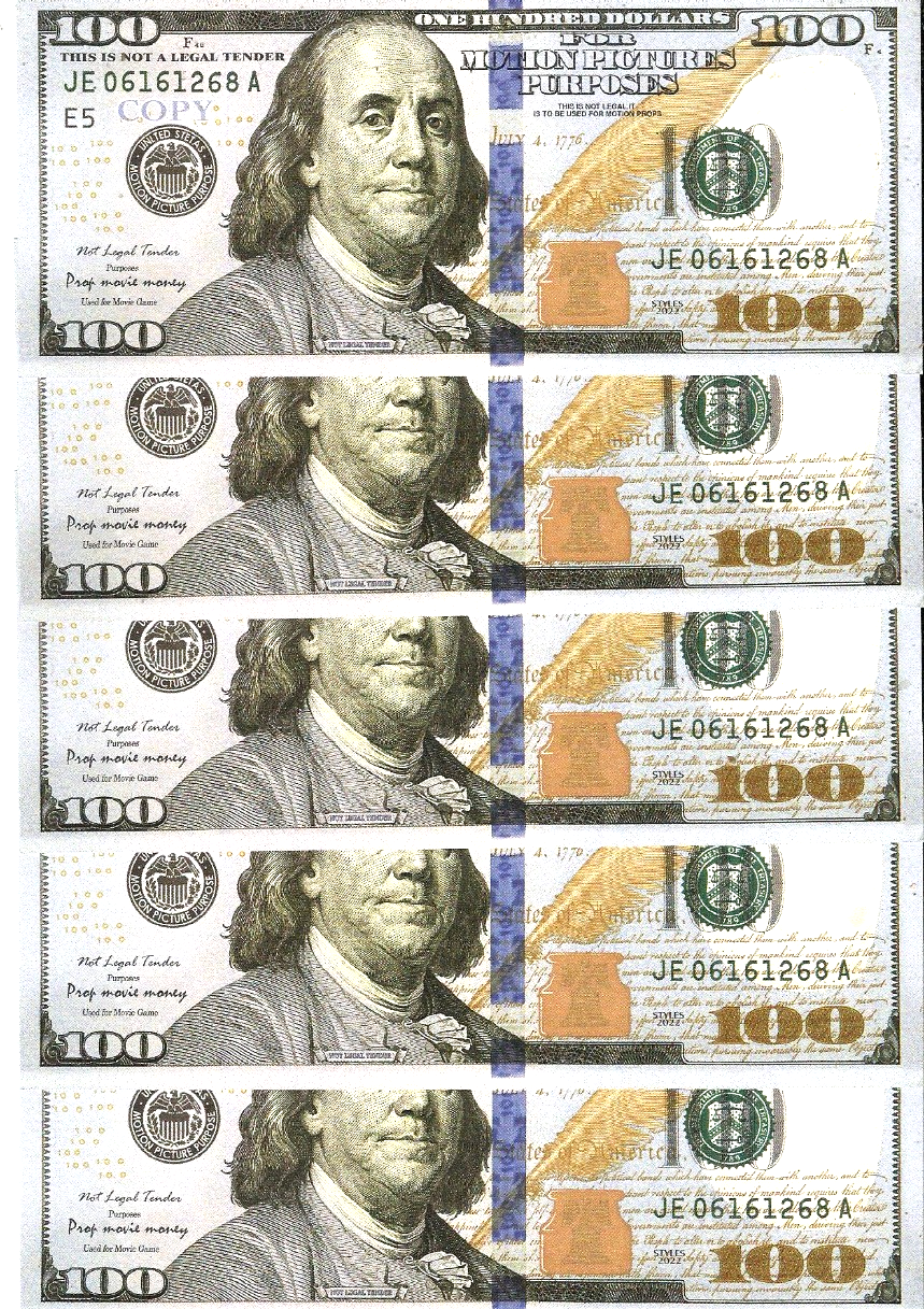 Pack of 5 Fake Movie Prop Money Bills for Pranks and Music Videos Fast Shipping