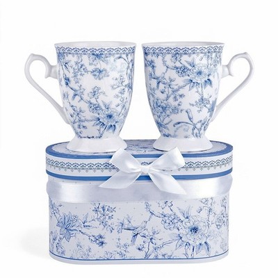 STPGOODS 2-pc Blue Flowers Bone China Mug Set Coffee Tea Mug 2x10 fl oz
