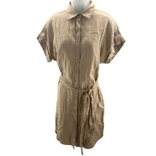 Lauren Ralph Lauren Tan 100% Linen Button Down Belted Shirt Dress Size 4 NEW