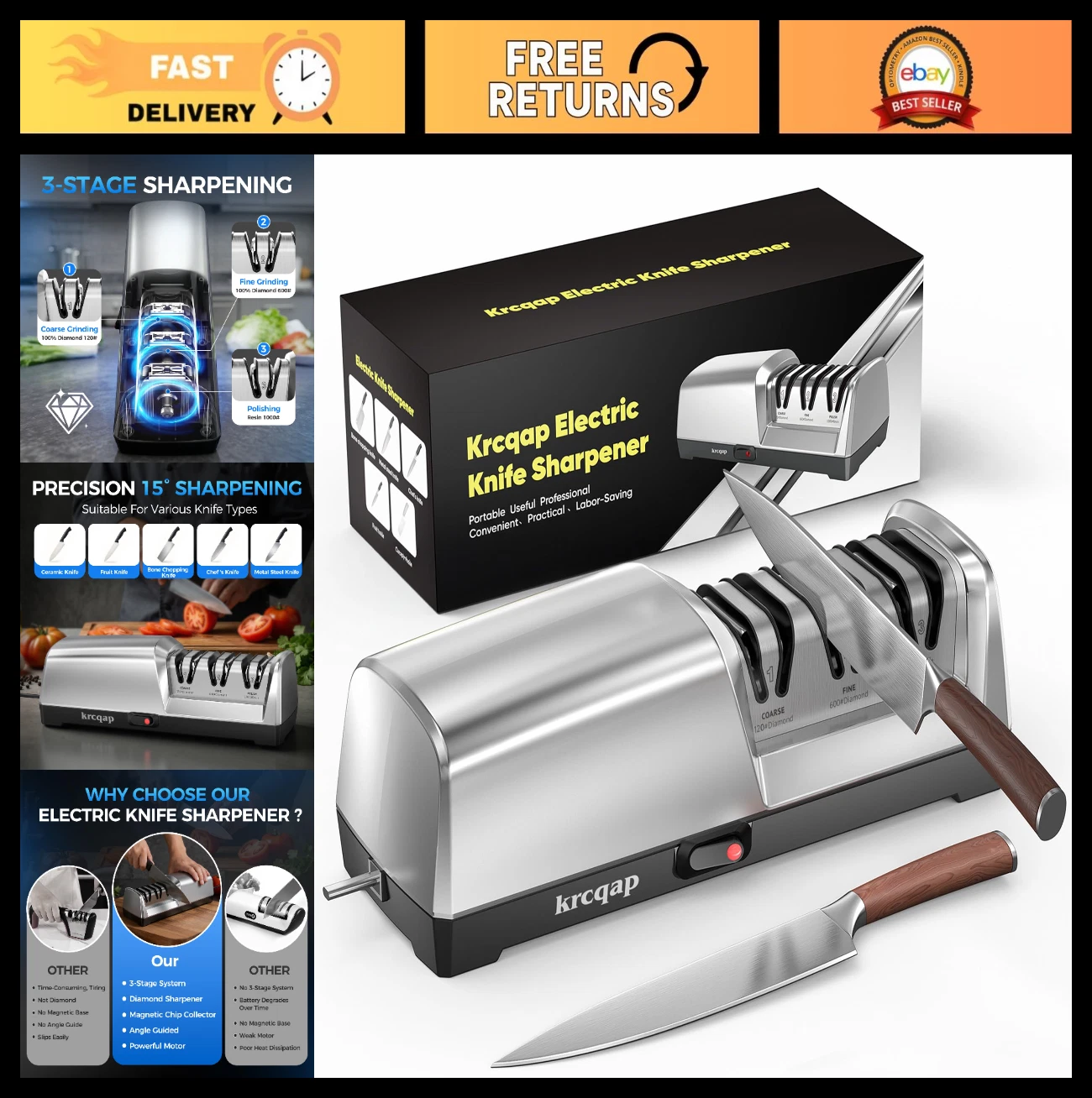 Electric Knife Sharpener - 3-Stage Precision Angle Guide - Fast & Portable Kitch