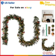 Artificial Christmas Garland 9 ft Flocked Pinecones Berries Lights Indoor Out...