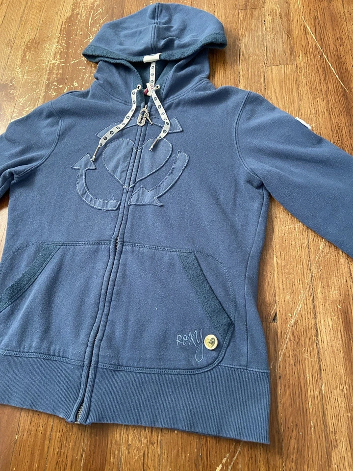 Sudadera con Capucha Bordada Logotipo Central Cremallera Completa Y2K Roxy De Colección Para Mujer’s Grande Foto 3 de 4