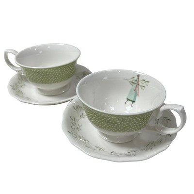 Portmeirion Fine Romance Tea Cup Saucer Set of 2 Green Floral Footed Vintage