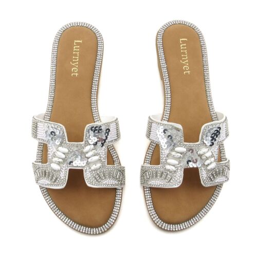 Women's Beaded Sandals Sequin Embellished Slides Rhinestone Flat Summer Slippers - Picture 31 of 32