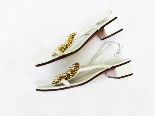 Rangoni White Leather Vtg Gold bead + White Pearl Sandals Florence, Italy SM/M - Picture 7 of 8