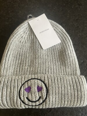 Nordstrom Knit Beanie Hat Smiley Face Gray Purple Heart Eyes  display picture 1