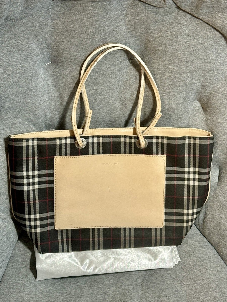Burberry Black Canvas Vintage Check Leather Tote Shoulder Handbag Purse  Italy