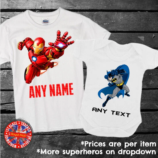 GILDAN Personalised Iron Man Batman T-shirt Boys Girls Gift Marvel