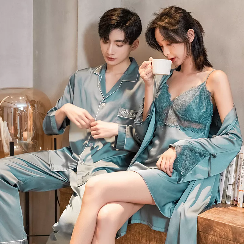 Couple Ice Silk Pajamas Set Lovers Wedding Sleepwear Women Sexy