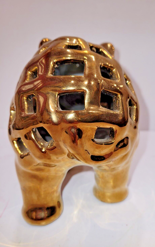 Ceramic Raised Trunk Elephant Tea Light Candle Holder Gold Colored 5.25" Tall - Picture 5 of 8