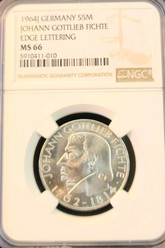 1964 GERMANY SILVER 5 MARK JOHANN GOTTLIEB FICHTE NGC MS 66 SCARCE EARLY ISSUE
