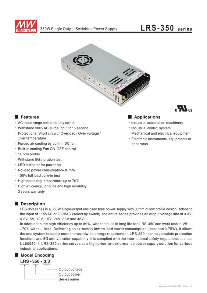 Mean Well LRS-350-36 power supply 350W 36V 9.7A ultra flat 30mm 1HU metal case - Image 2 of 4