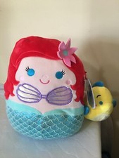 New Squishmallow 10" Ariel and 4" Flounder Little Mermaid Plush Pair