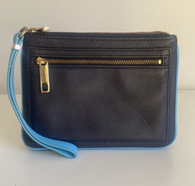Talbots Leather Wristlet Chunky Double Zipper Clutch Pouch Wallet