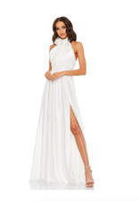 MAC DUGGAL 49333 ROSETTE SOFT TIE HALTER NECK HIGH SLIT WHITE GOWN  16
