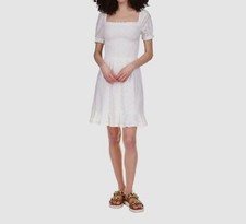 $140 Michael Kors Women's White Eyelet Smocked Square Neck Dress Petite Size PL