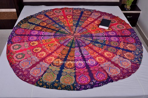 Grand Tapis Indien Rond Mandala Bleu - Coton - Yoga & Décoration (182 Cm)