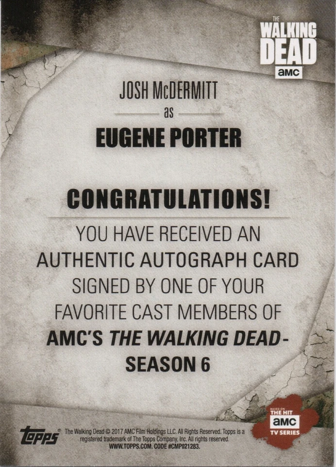 The Walking Dead Season 6, Josh McDermitt (Eugene Porter) Autograph Card - Image 2 of 2