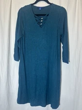 Apt 9 Dark Teal V Neck Stretch 3/4 Sleeve Dress Women Pockets Sz M Z14