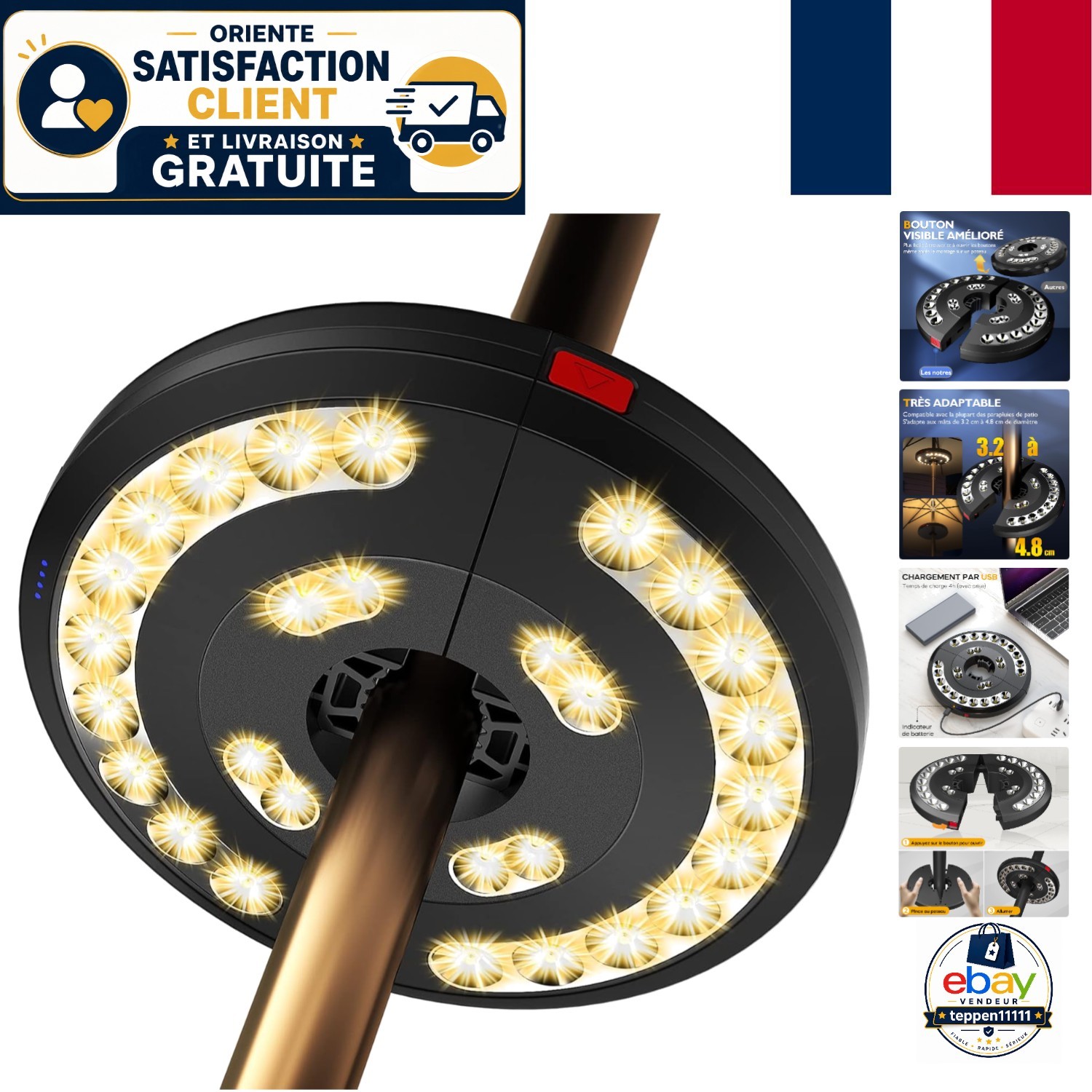 Lampe parasol extérieure Eletorot à 3 modes pour éclairage de terrasse