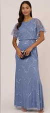 ADRIANNA PAPELL Hand-Beaded Blouson Gown With Flutter Sleeves In French Blue Sz8