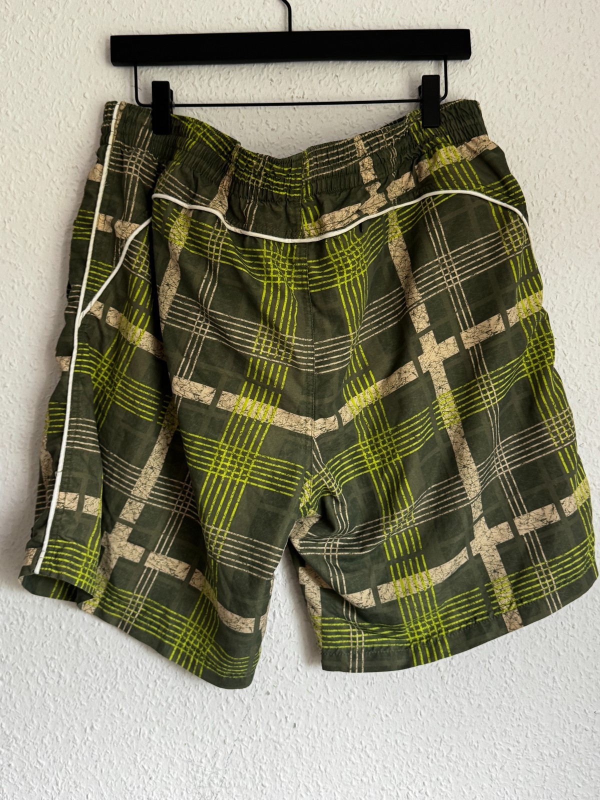 Vintage Asics Italia Plaid Swim Trunks - Olive Green & Lime - Men's Size Large ( image 2