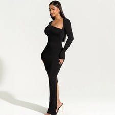 Long Sleeve Slim Fit Mock Neck Slit Back Bodycon Mini Dress