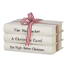 Set of 3 Stacked 8in Christmas Books Tied with Red and White Ribbon