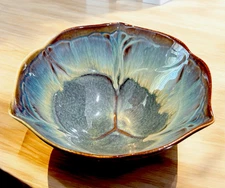 Bill Campbell Studio Pottery Blue Brown Purple Drip Glaze Bowl Scalloped Edge