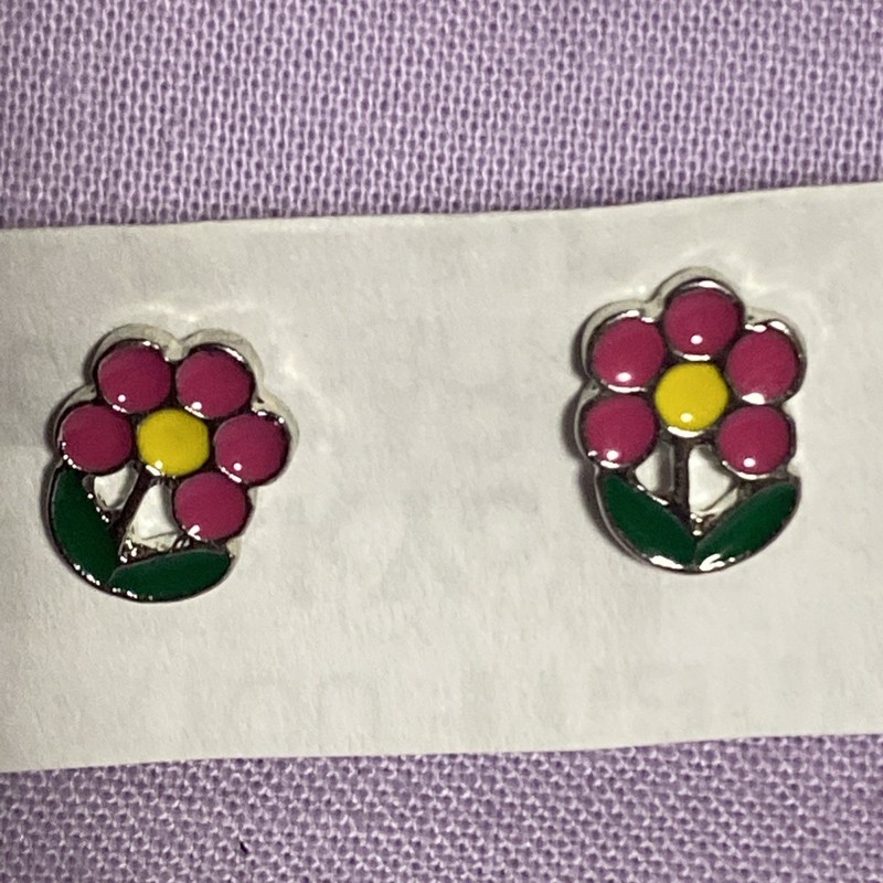 Pink Flower & Green Leaves Silver Tone Stud Earrings