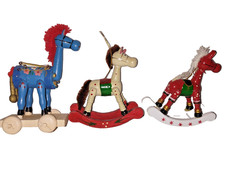 VTG 1980s Wooden Horse Ornaments - Rocking Horse  Pull Toy Style Set of 3