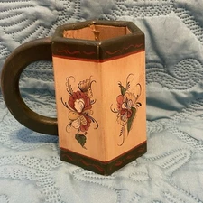 ANTIQUE PRIMITIVE WOODEN MUG CUP HAND CARVED HAND PAINTED Yellow green Floral